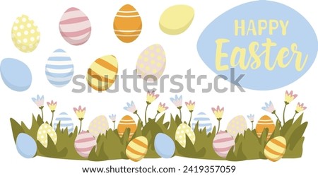 A Group of Colorful Easter Eggs in the Green Grass, with Bunny Ears. Vector set of elements for Happy Easter. Banner with inscription, seamless path pattern, clip art colorful eggs