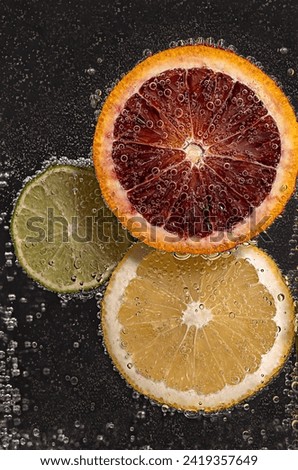Macro food photography of soda with citrus, lime, orange, grapefruit, lemon, bubbles, carbonated,  cocktail, cool, bar, sparkling, flowing