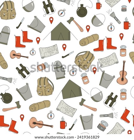 Pattern Camping set, equipment for an amateur tourist. Traveling, hiking, tourism, outdoor recreation. Backpack, tent, mat, water flask, thermos, food. Doodle drawings. Vector seamless pattern.