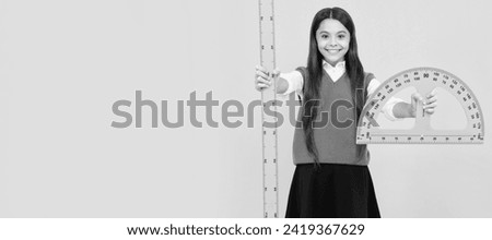 cheerful teen girl study math with protractor ruler measuring size, back to school. Banner of schoolgirl student. School child pupil portrait with copy space.