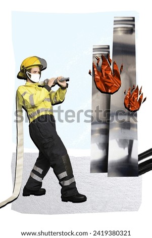 Photo collage illustration of manufacture in fire where firefighter trying to stop the flame on factory over blue color background