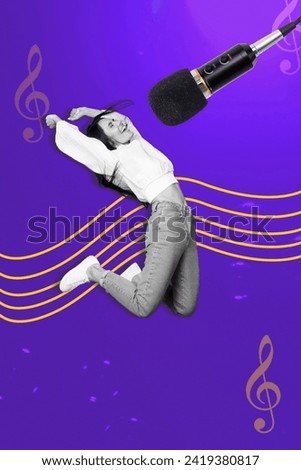 Vertical creative collage young happy dancing girl overjoyed singing performance concert art note melody drawing background