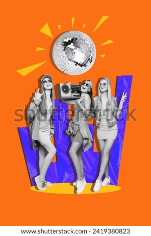 Photo collage vertical picture group friends girls having fun show rock'n roll gesture victory peace boombox stereo player party discoball orange background