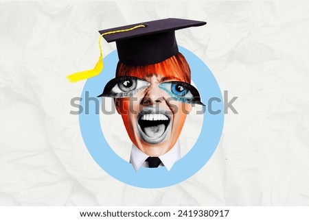 Collage placard picture of crazy young woman shouting celebrating graduation isolated on creative background