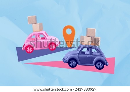 Creative photo collage two cars vehicles transport order package shipment carton boxes delivery services postman drawing background