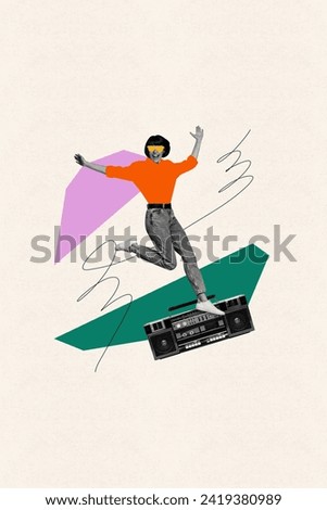Vertical creative collage poster picture dancing young vintage happy girl stereo player retro party event white background