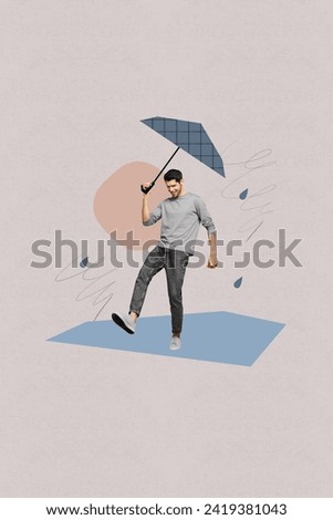 Creative vertical collage picture banner walking young man under rainy weather holding umbrella protected drops stormy gray background