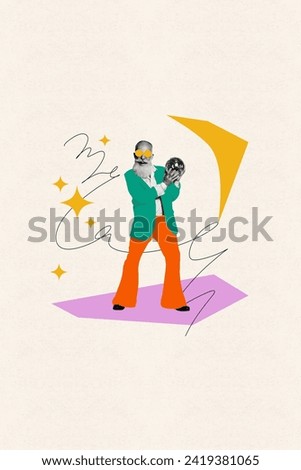 Vertical collage picture banner poster standing mature pensioner man funky move holding ball party festive event celebration