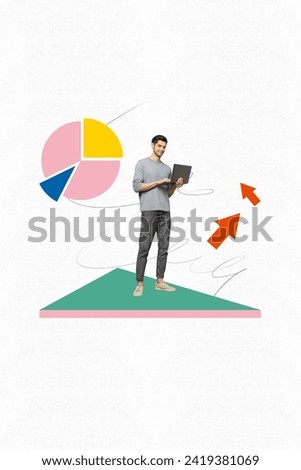 Vertical creative collage picture banner successful young man standing browsing laptop show infographic results progress income