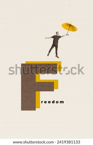 Vertical collage picture illustration man young back fly excited funny air freedom umbrella abstract artwork retro effect white background