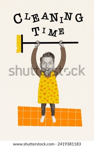 Creative vertical picture banner poster crazy amazed guy holding mop cleaning time housekeeper tidy room apartment white background