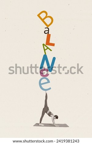 Vertical creative image collage young sportive girl stretching exercise balance harmony flexibility trainer meditate white background