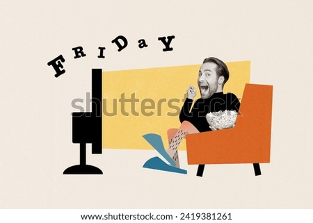 Creative collage picture image sitting young happy man watching movie tv enjoy rest relax friday evening white background