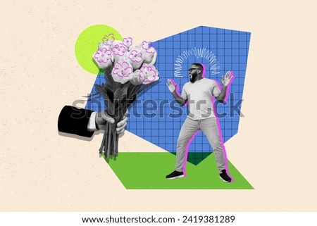Horizontal funny picture photo collage of surprised cheerful man ordered flowers bouquet delivery greeting present for woman day holiday