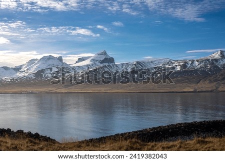 Coast of a fjord. Mountains covered by snow on the other side. Blue sky with white clouds. Bakkagerdi, North-East Iceland.