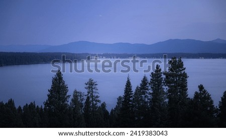 Blue hour picture of McCall Idaho from across Payette Lake Royalty-Free Stock Photo #2419383043