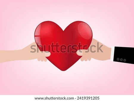 Hand Holding Red Heart on Pink Background. Concept of Valentine's Day or Wedding. Vector Illustration. 