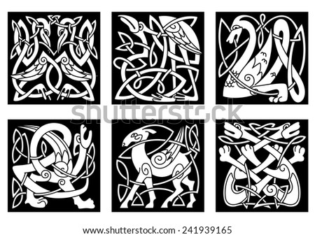 Mythical celtic animals heron, dragon, wolves, deer, gryphon, storks on black background for tattoo, mascot or totem design