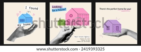 A set of IG posts on the topic of renting and buying real estate. Popart collage for realtor. Vector trendy illustration with hands and houses.  Royalty-Free Stock Photo #2419393325