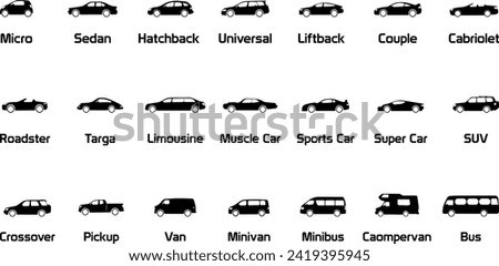 Transport black and white icons set. Car Type and Model Objects icons Set . Vector black illustration isolated on white background with shadow. Variants of automobile body silhouette for web.