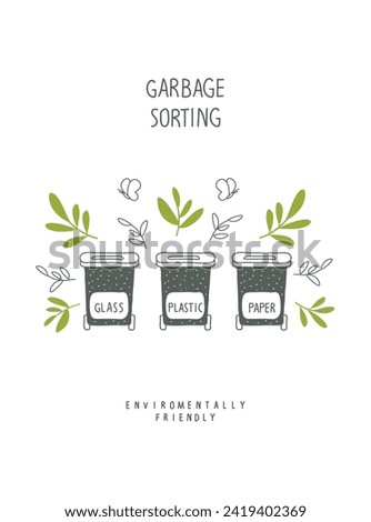 Environmentally friendly planet concept. Sprout with green leaves and sketch of waste baskets for glass, paper and plastic. Think Green. Garbage sorting.
Zero waste Concept.
