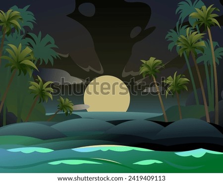 Landscape seashore. Big bright moon in dark night sky. Sand beach near water. Coastal waves. Cartoon fun style. Flat design. Vector