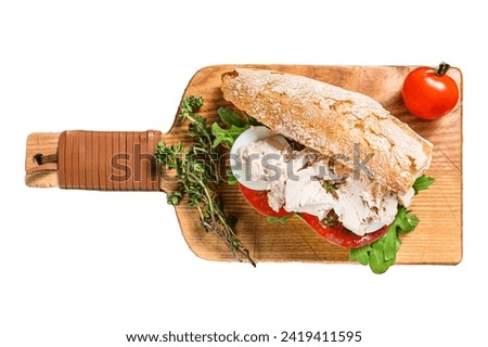 Homemade chicken liver pate with herbs on ciabatta bread, sandwich. Isolated on white background. Top view