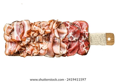 Set of cold cured italian meat Ham, prosciutto, pancetta, bacon. Isolated on white background. Top view Royalty-Free Stock Photo #2419411597