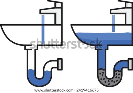 Two hand sinks, one with a clogged siphon and the other with a clean one, repair of the sewer drain, plumbing icons.