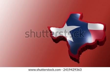 3d illustration of Texas map shape with Texas state flag isolated over red background.