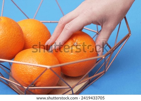Hand reaching for orange. Metal fruit basket. Oranges isolated on blue screen. Woman hand with fruit.