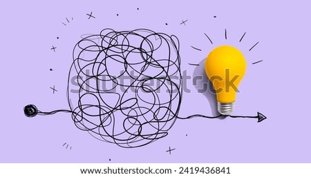Clarifying complex ideas theme with light bulb - Flat lay Royalty-Free Stock Photo #2419436841