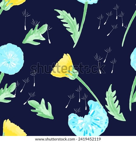 Watercolor dandelion field seamless pattern with dark background for cover, packaging, fabric decorative design. Abstract texture.