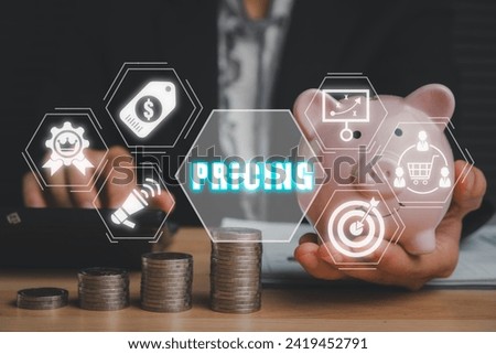 Pricing concept, Business woman using calculator and hand holding piggybank with pricing icon on virtual screen. Product Value, Strategy, Revenue, Management, Marketing Automation, Business, Sales.