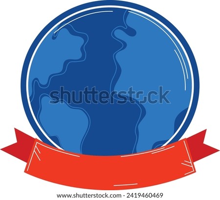 Stylized globe emblem with blue oceans, continents. Red ribbon banner wrapped under the earth for text. Royalty-Free Stock Photo #2419460469