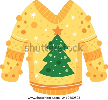 Ugly Christmas sweater with festive design spreads holiday cheer. Bright yellow knitted jumper displays a green Christmas tree.