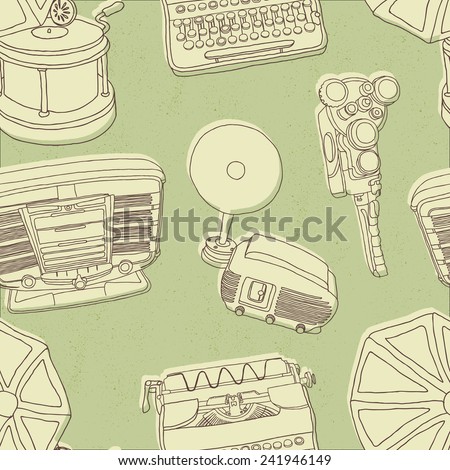 Vintage musical and photo equipment seamless vector pattern on grungy green background.
