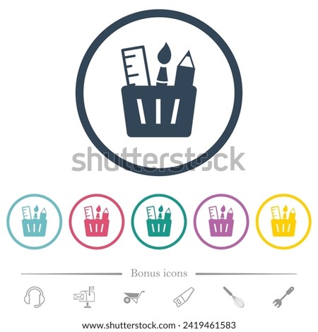 Drawing tools solid flat color icons in round outlines. 6 bonus icons included. Royalty-Free Stock Photo #2419461583