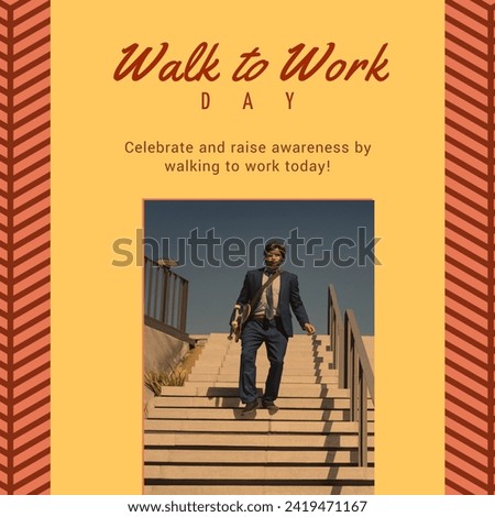 Composition of walk to work day text over caucasian businessman walking stairs on yellow background. Walk to work day and active lifestyle concept digitally generated image.
