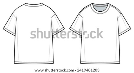 Basic T-shirt flat technical fashion illustration. Tee shirt vector template illustration. front and back view. XL. Plus size. drop shoulder. unisex. white color. CAD mockup.