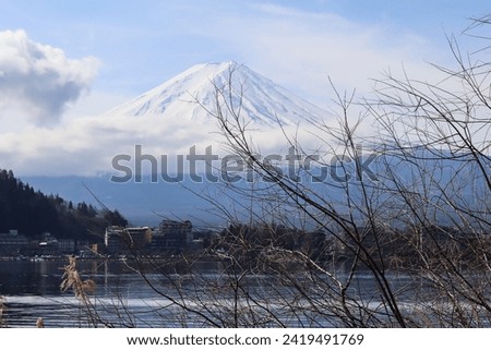 A beautiful view of Mountain Fuji from Lake Kawaguchi with houses and tree branches around