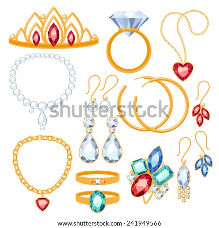 Set of jewelry items. Gold and gemstones precious accessorize -  tiara, necklace, pearl beads, ring, earrings, bracelet, brooch. Royalty-Free Stock Photo #241949566