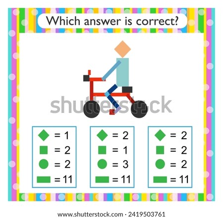 Math activity for children. Preschool worksheet activity. Find the correct answer. Cartoon bicycler. 