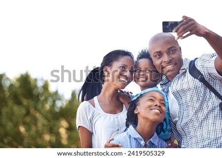 Happy black family, selfie and photography in nature for hiking, bonding or outdoor photo together. African mother, children and father smile taking picture or photograph for adventure in forest