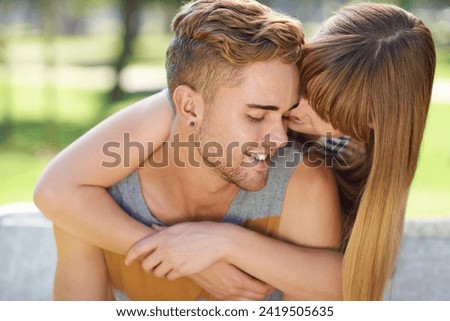 Happiness, park and couple hug with love, affection and devotion to romantic partner on weekend break in Spain. Marriage, care and relax man, woman or people embrace with commitment on Valentines day Royalty-Free Stock Photo #2419505635