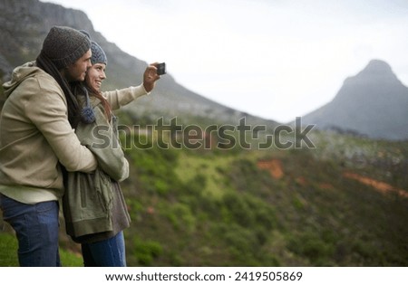 Couple, hiking selfie and mountains for travel, journey and adventure with photography and mock up space. Happy people with love, hug and profile picture for trekking in winter and nature tourism