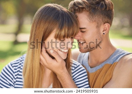 Love, park and face of happy couple with care, affection and devotion to romantic partner on summer holiday in Spain. Marriage, nature and relax man with commitment to girlfriend, wife or soulmate Royalty-Free Stock Photo #2419505931