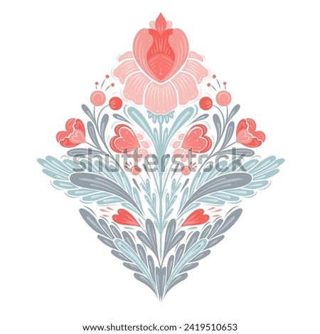 Vector gentle floral illustration for Valentines day. Decorative folk art clip art with symmetrical pink flowers, hearts and stems with foliage in pastel colors for cards and your creativity.