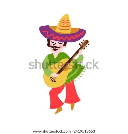 Mexican cartoon musician with acoustic guitar, sombrero and poncho, vector illustration isolated on white background, folk music man, Mexico colorful illustration, decorative Spanish guy for design