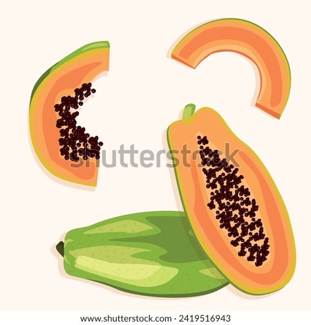 Papaya whole with peel and cut into slices with or without seeds. Exotic fruits.